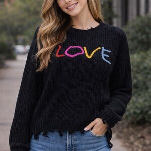 No Comment Love Embroidered Distressed Knit Sweater Black Size M
